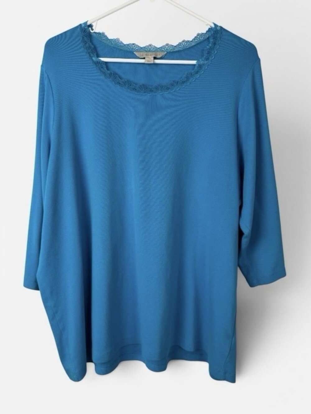 Laura Ashley Womens Top Plus Size 2X Blue Pullover Lace Trim Scoop Neck 3/4 Slv
